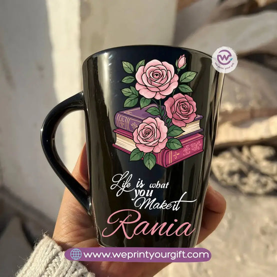 Motivational Digital Art Edition Black Conical Porcelain Mug – 350 ml | UV Raised Sticker Printing - WE PRINT
