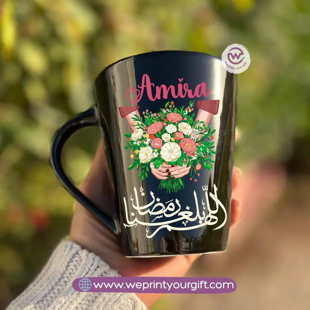 Ramadan Edition Black Conical Porcelain Mug – 350 ml | Islamic Digital Art Designs | UV Raised Sticker Printing - WE PRINT