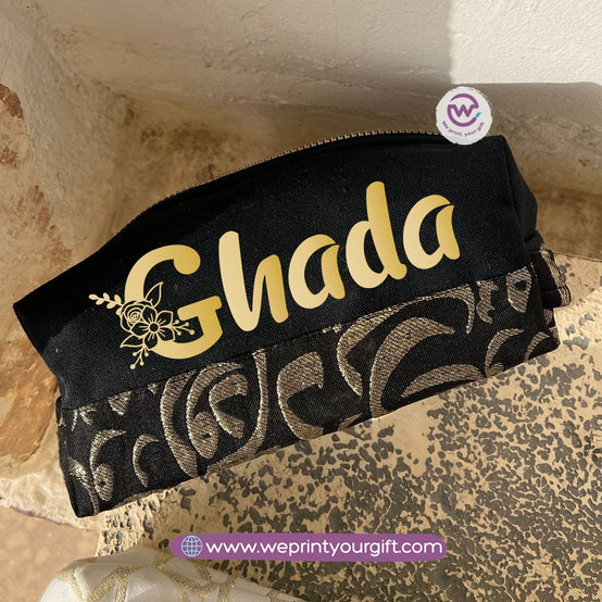 Islamic Pattern Golden Name Boxy Pouch – Personalized Cotton Makeup & Pencil Case