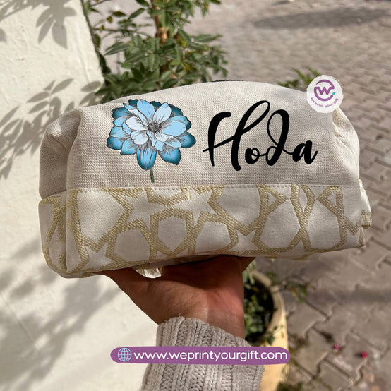 Islamic Pattern Floral Name Boxy Pouch – Personalized Cotton Makeup & Pencil Case