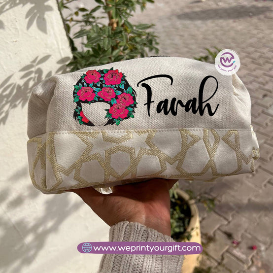 Islamic Pattern Floral Name Boxy Pouch – Personalized Cotton Makeup & Pencil Case