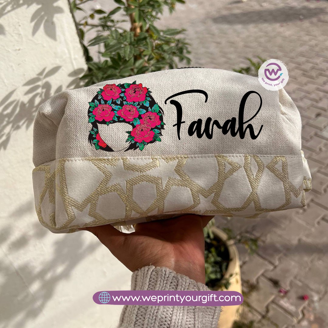 Islamic Pattern Floral Name Boxy Pouch – Personalized Cotton Makeup & Pencil Case