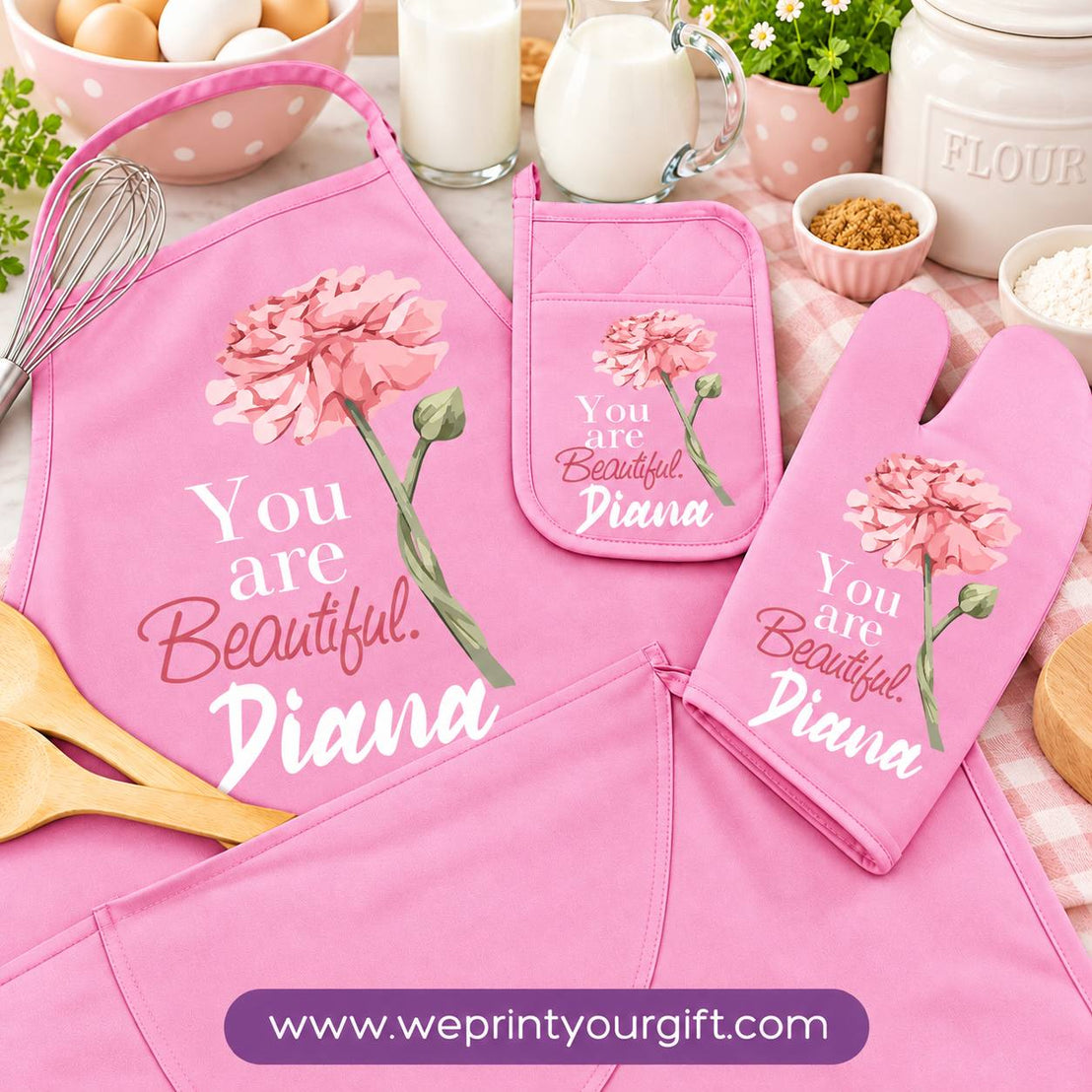 Personalized Name & Motivational Quote 3-Piece Kitchen Set (Apron, Oven Mitt & Pot Holder) + Optional Chef Hat