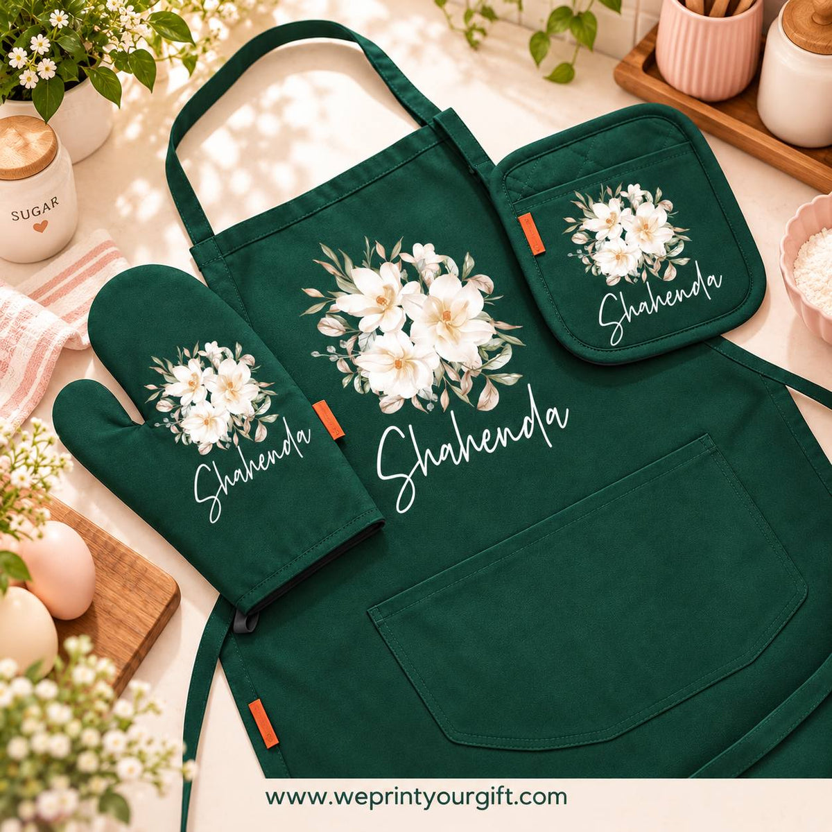 Floral Motivational Quote 3-Piece Kitchen Set (Apron, Oven Mitt & Pot Holder) + Optional Chef Hat, Personalized with Your Name