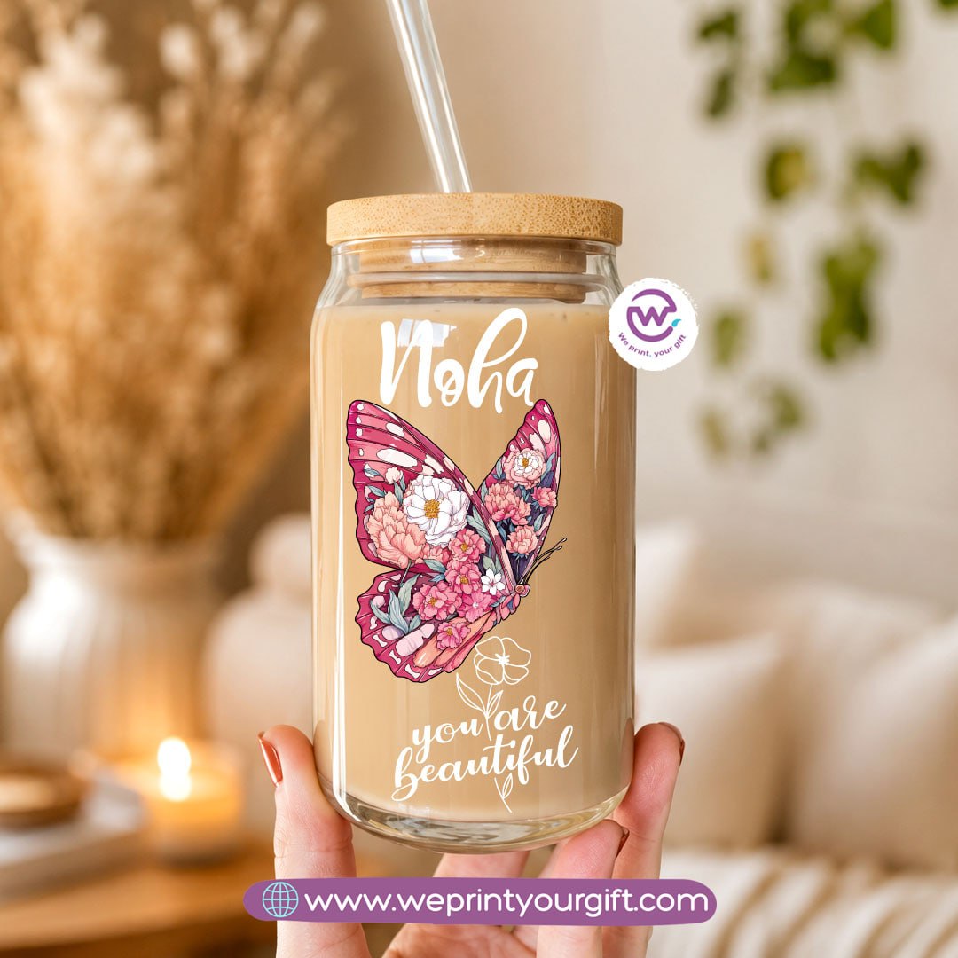 Butterfly Designs Glass Cup with Bamboo Lid & Reusable Glass Straw