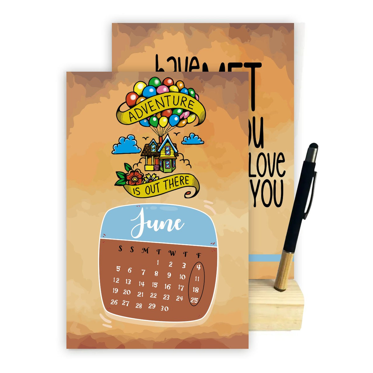 2027 Desk Calendar – Love & Balloon Adventure | Romantic Cartoon Design with Wooden Stand & Bamboo Touch Pen