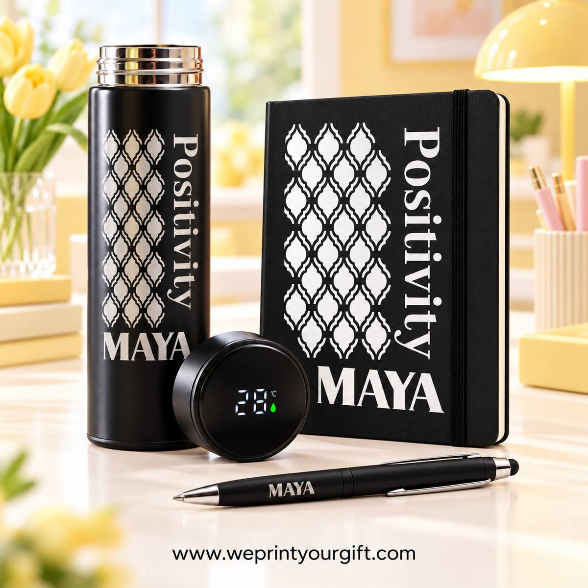Personalized Office Gift Set – Digital Thermos, Notebook & Pen | Name & Quote