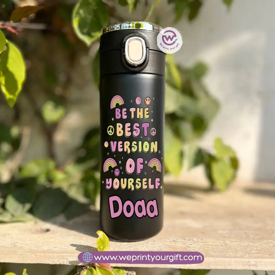 Stainless Steel Thermal Mug with Digital Temperature Display – 420ml Motivational Doodle Art (English Quotes) - WE PRINT