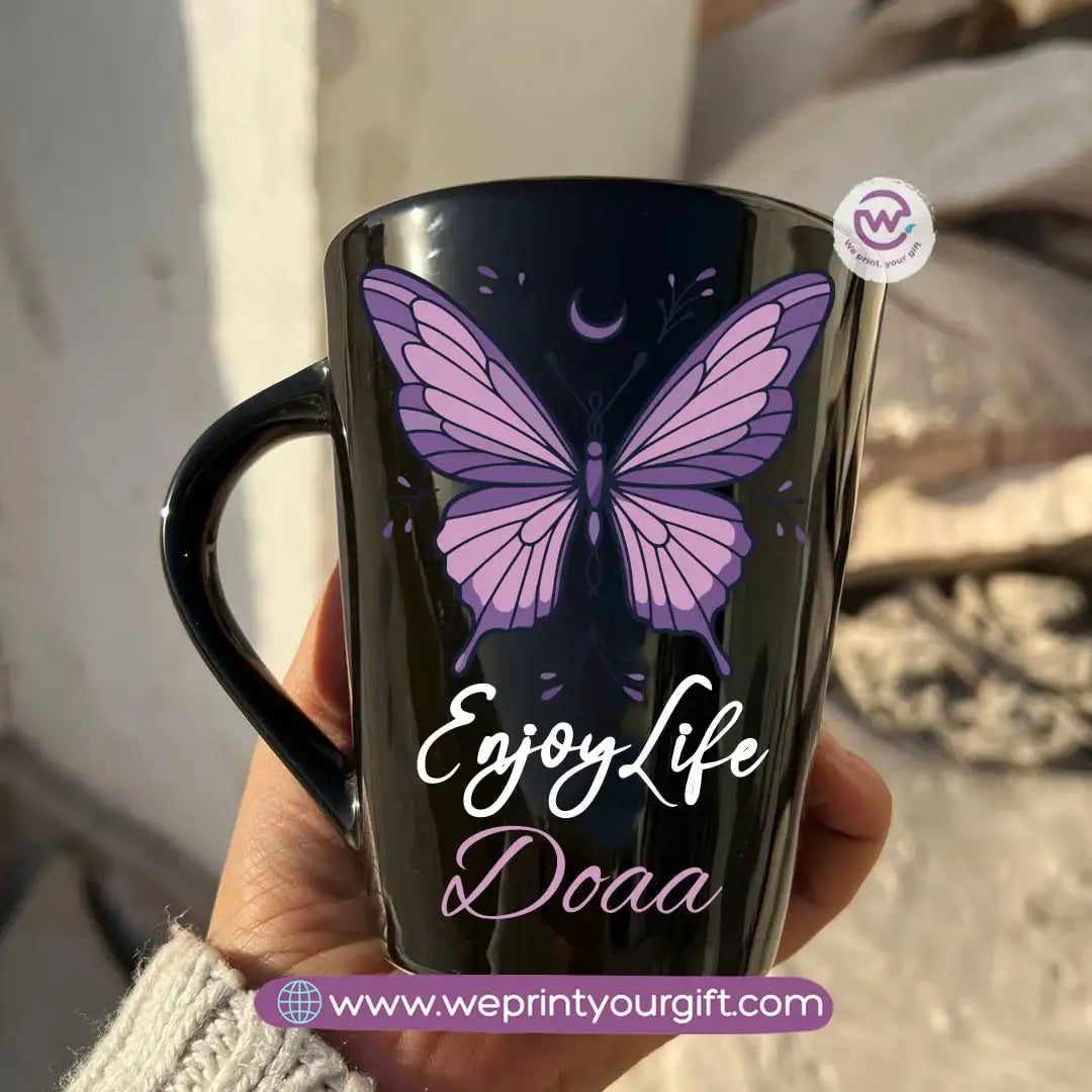Purple-Themed Digital Art Edition Black Conical Porcelain Mug – 350 ml | UV Raised Sticker Printing - WE PRINT