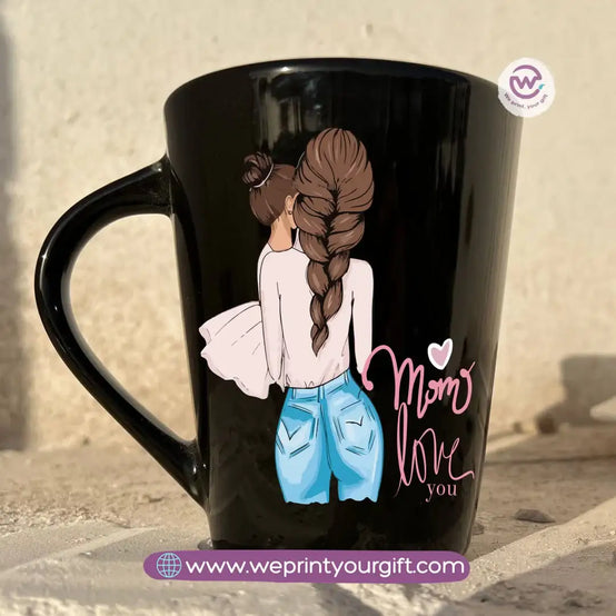 Mom Love Edition Black Conical Porcelain Mug – 350 ml | Artistic Mother-Inspired Designs | UV Raised Sticker Printing - WE PRINT