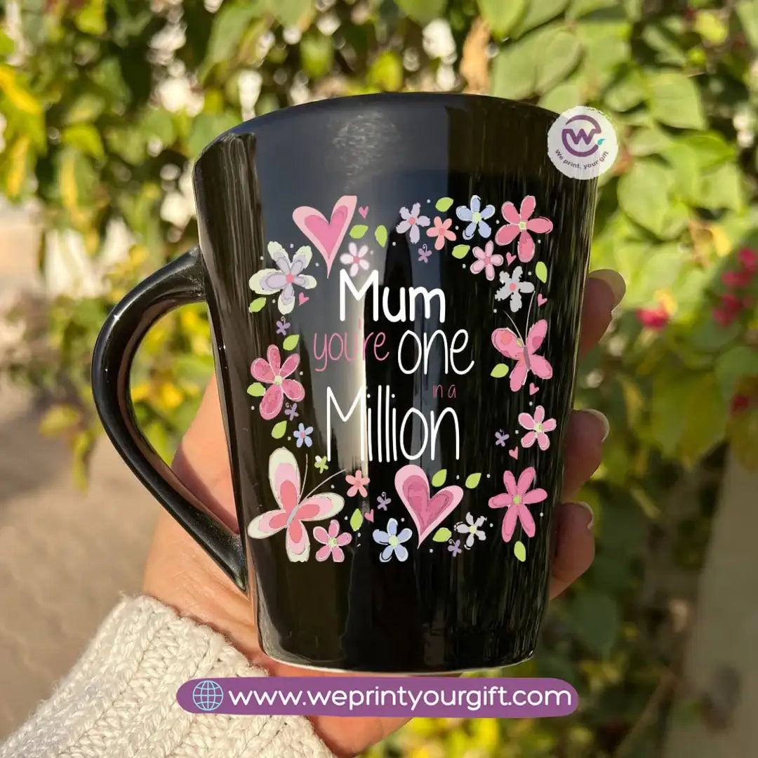 Mother’s Day Edition Black Conical Porcelain Mug – 350 ml | Elegant Love Designs | UV Raised Sticker Printing - WE PRINT