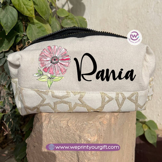 Islamic Pattern Floral Name Boxy Pouch – Personalized Cotton Makeup & Pencil Case