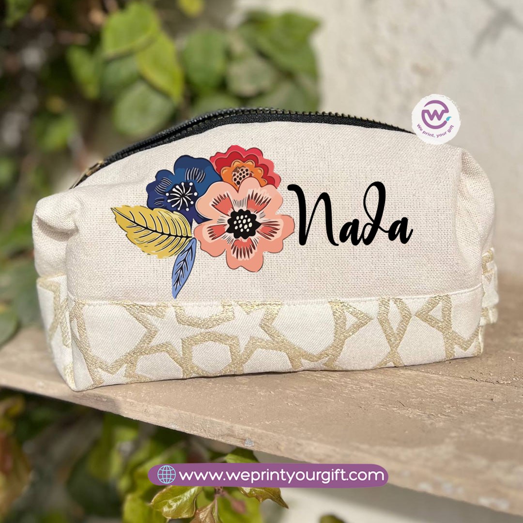 Islamic Pattern Floral Name Boxy Pouch – Personalized Cotton Makeup & Pencil Case