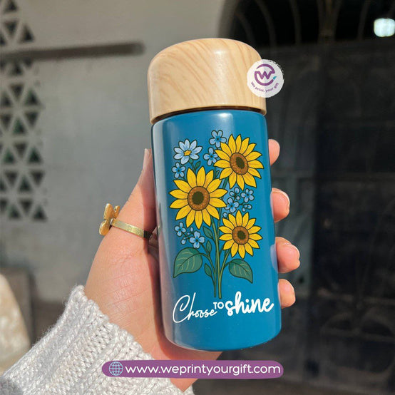 Mini Thermal Coffee Mug – (150ml & 250ml) | Wooden Lid - Sunflower Digital Art Theme