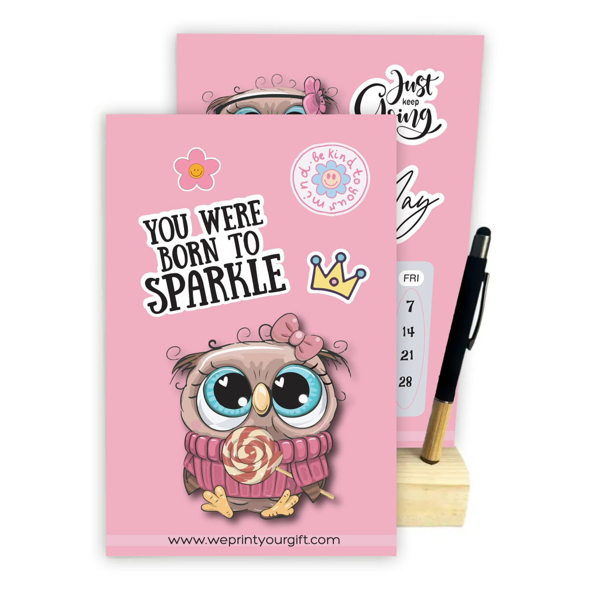 Cute Owl 2027 Desk Calendar with Wooden Stand & Bamboo Stylus Pen – Pink Motivational Collection