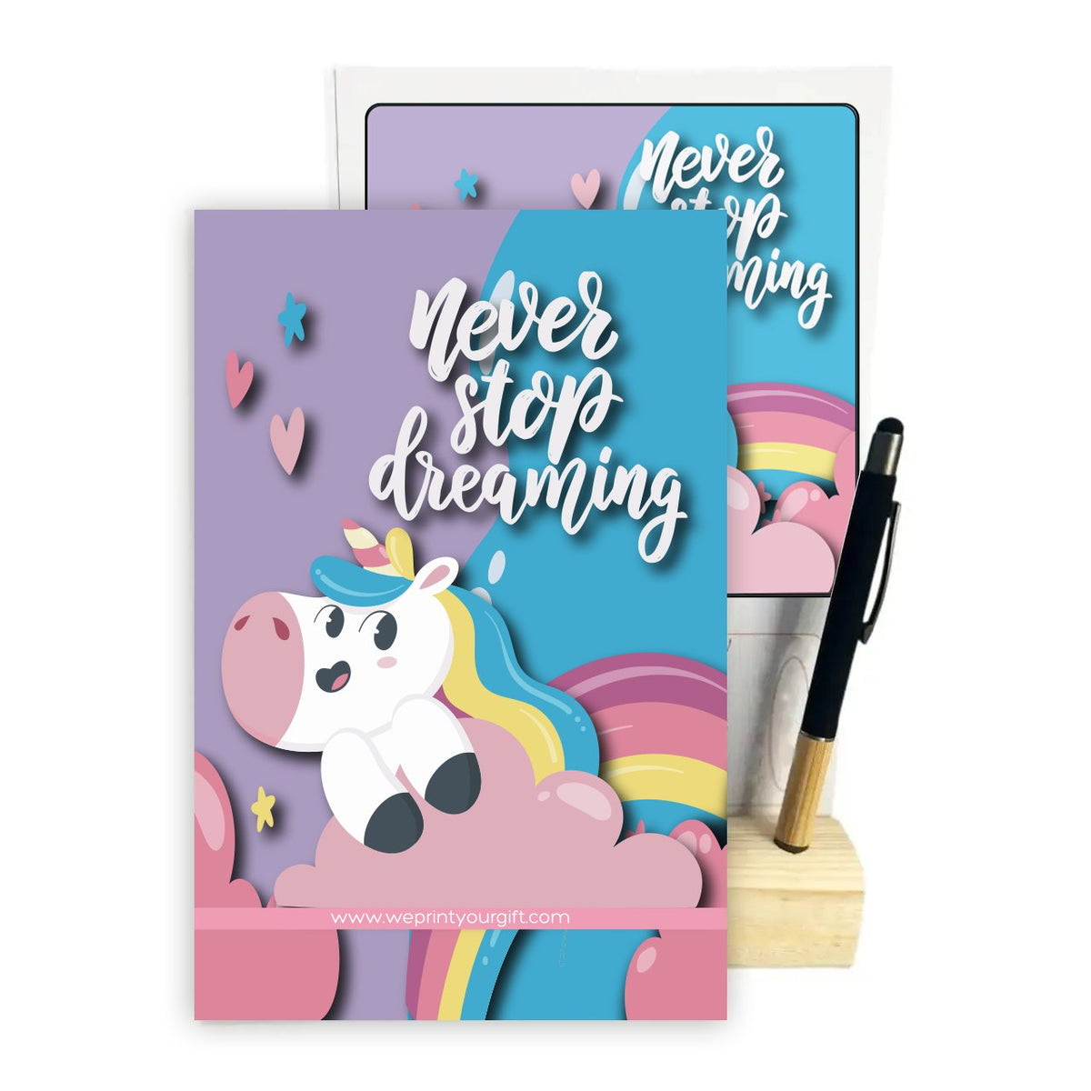 Magical Unicorn 2027 Desk Calendar with Wooden Stand & Bamboo Stylus Pen – Pastel Rainbow Collection