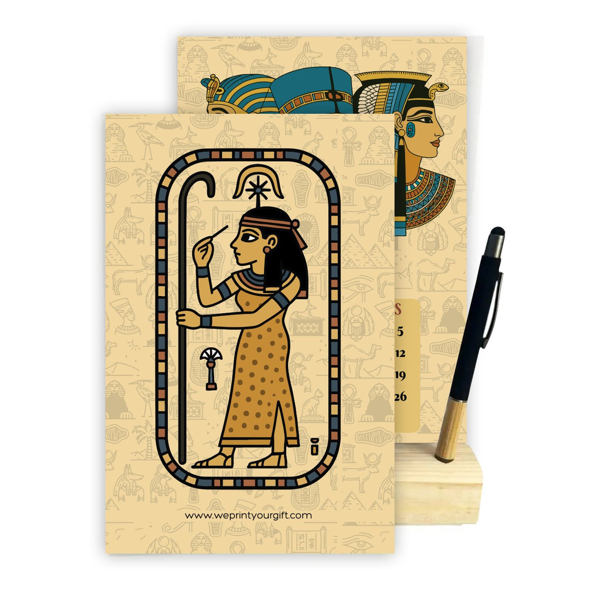 2027 Ancient Egyptian Desk Calendar – Pharaonic Art Collection | Wooden Stand & Bamboo Touch Pen