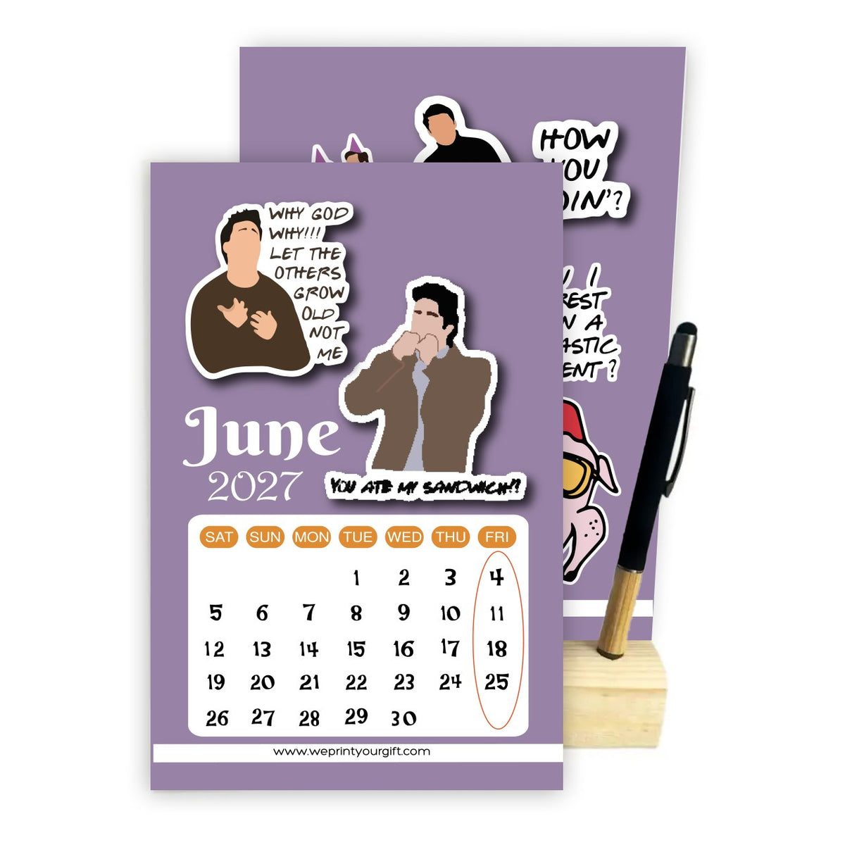 Friends Inspired 2027 Desk Calendar with Wooden Stand & Bamboo Touch Pen – A5 Monthly Calendar