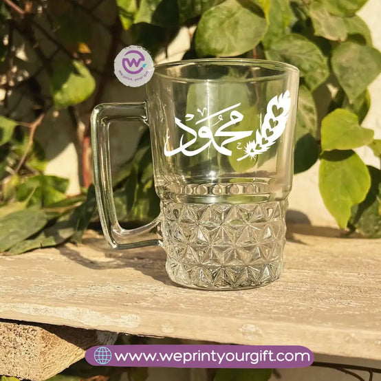 Personalized Clear Crystal Pattern Glass Mug with Arabic Name Typography – 250 ml - WE PRINT