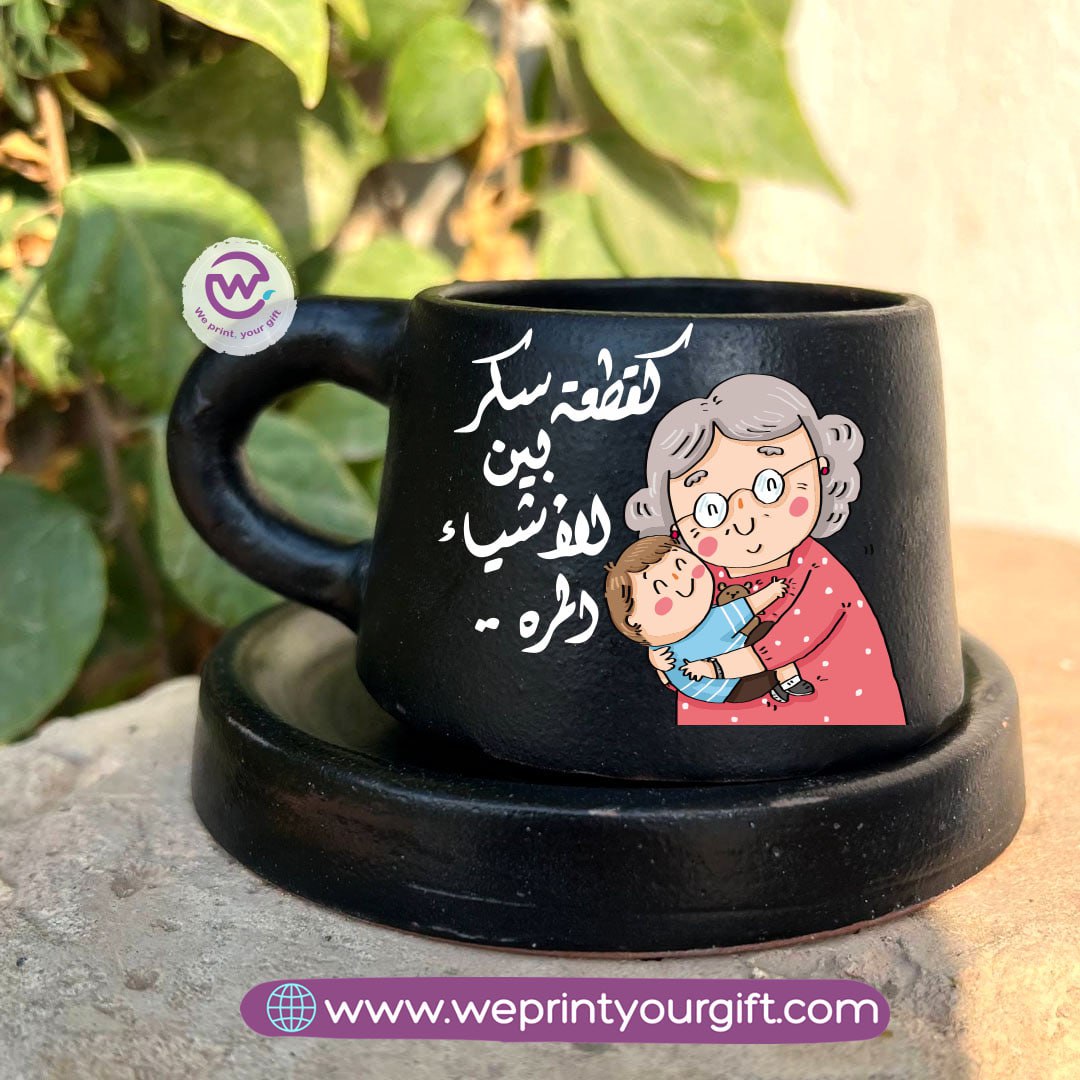 Mother’s Day Black Handmade Pottery Coffee Cup with Saucer – 200 ml | UV Raised Sticker Printing