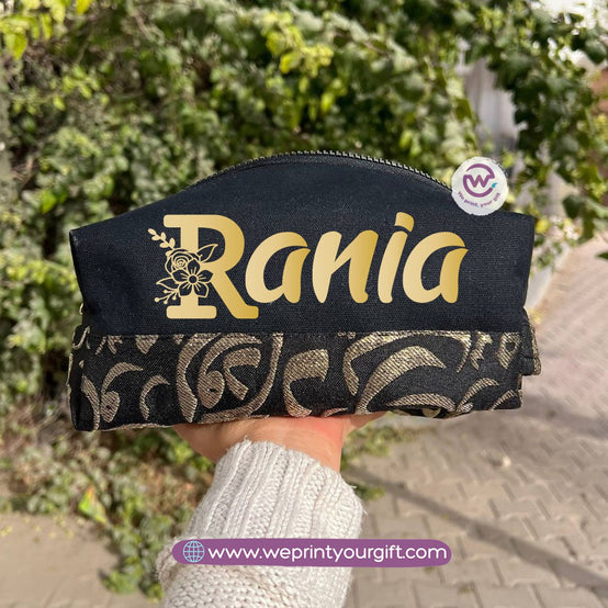 Islamic Pattern Golden Name Boxy Pouch – Personalized Cotton Makeup & Pencil Case