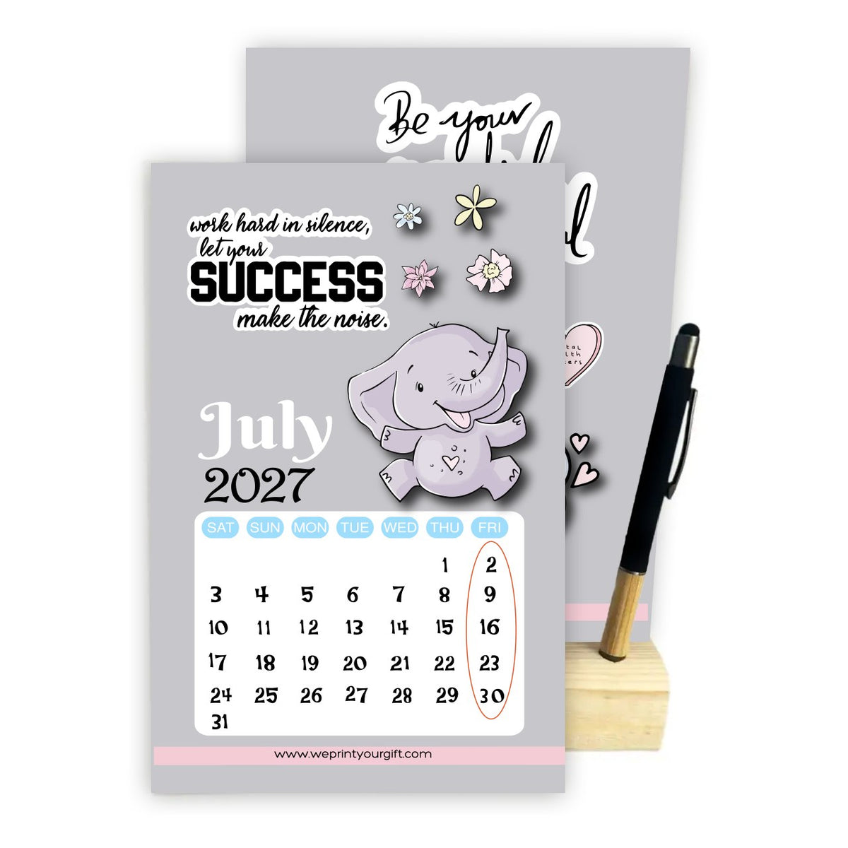 Cute Elephant 2027 Desk Calendar with Wooden Stand & Bamboo Stylus Pen – Inspirational Collection