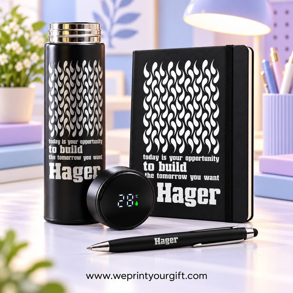 Personalized Office Gift Set – Digital Thermos, Notebook & Pen | Name & Quote