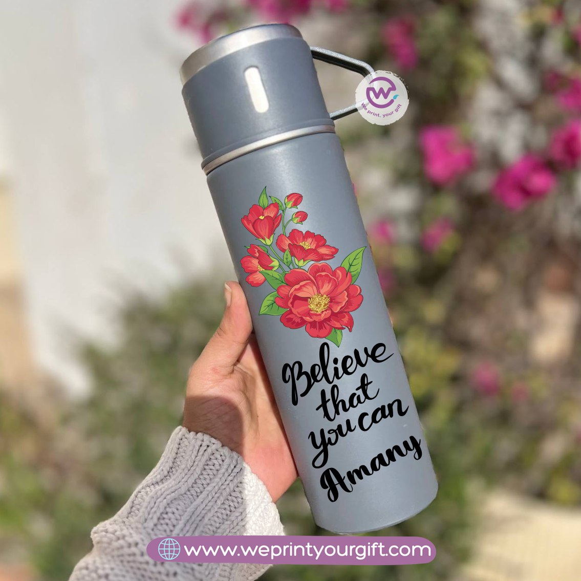 Floral Name Thermal Flask with Two Extra Cups – 500ml