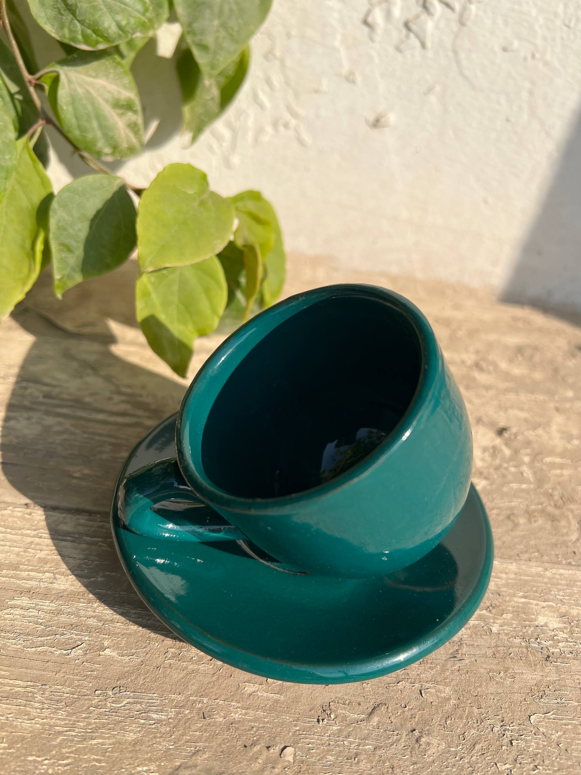 Petrol Green Handmade Pottery Coffee Cup with Saucer – 200 ml | Customization Options