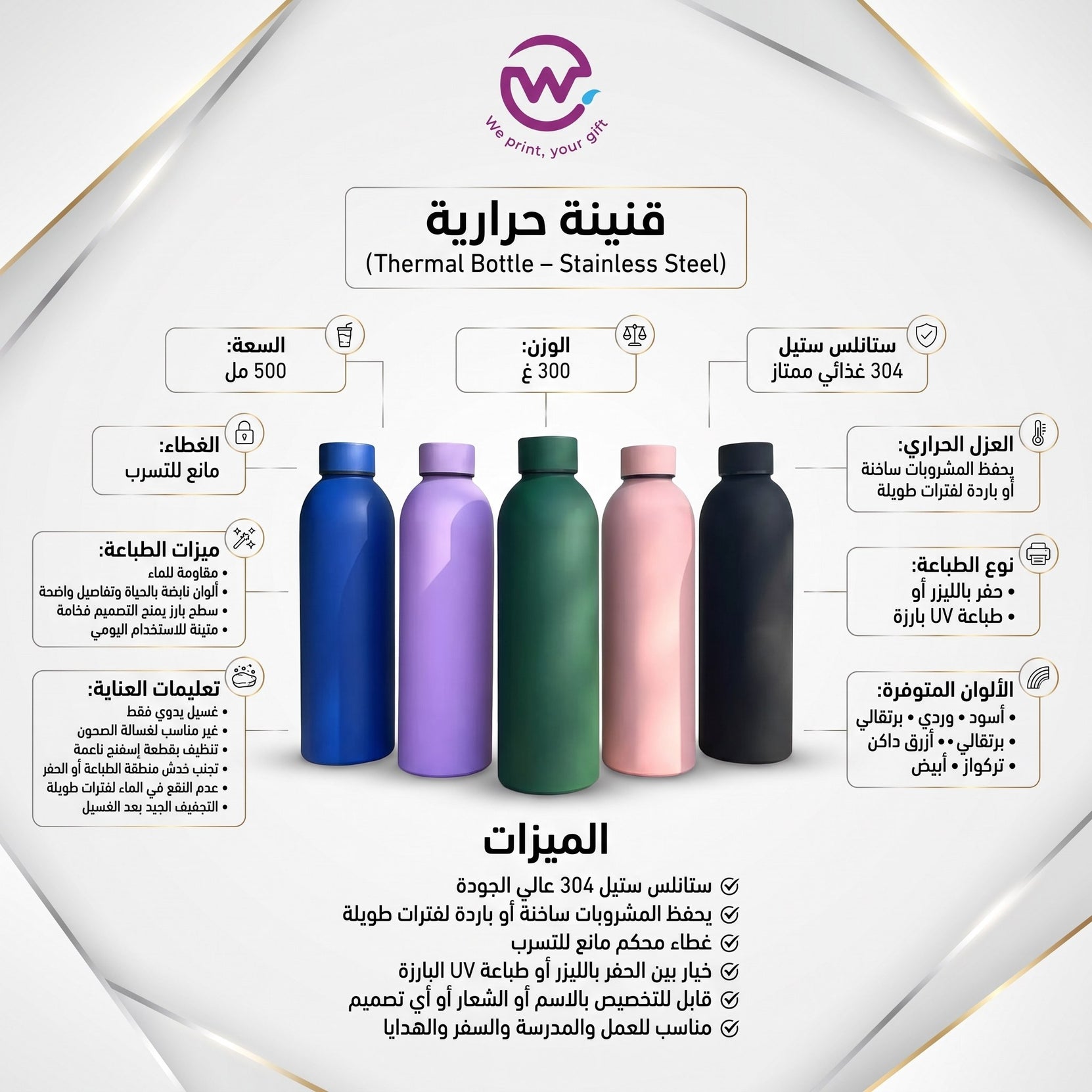 زجاجة حرارية - ستانلس ستيل 304 | 500 مل - خيارات التخصيص 