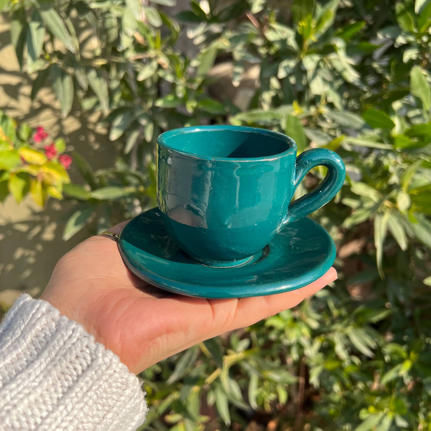 Petrol Green Handmade Pottery Coffee Cup with Saucer – 200 ml | Customization Options