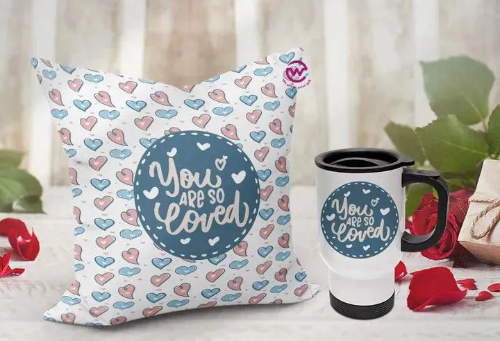 Set- ( Canvas Cushion Square Shape +Travel Mug ) -Valentine's Day - WE PRINT