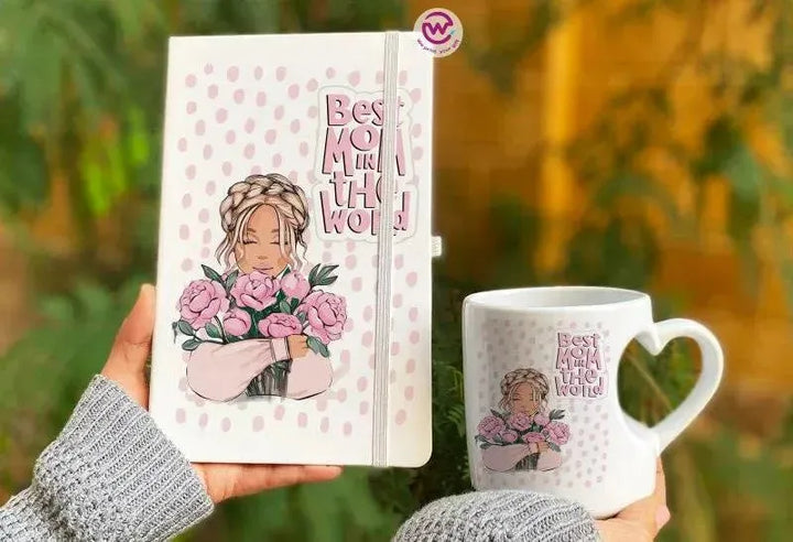 Set ( Mug Heart-Handle +Notebook Rubber covers ) - Mother's Day - WE PRINT