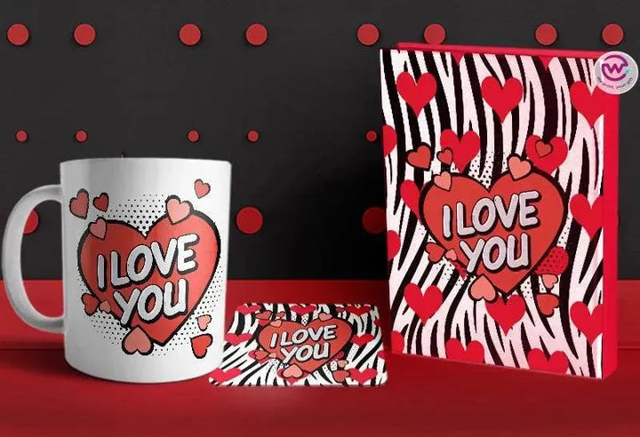 Set- ( Notebook hard covers + Ordinary ceramic mug + Coaster 6 ml ) -Valentine's Day - WE PRINT