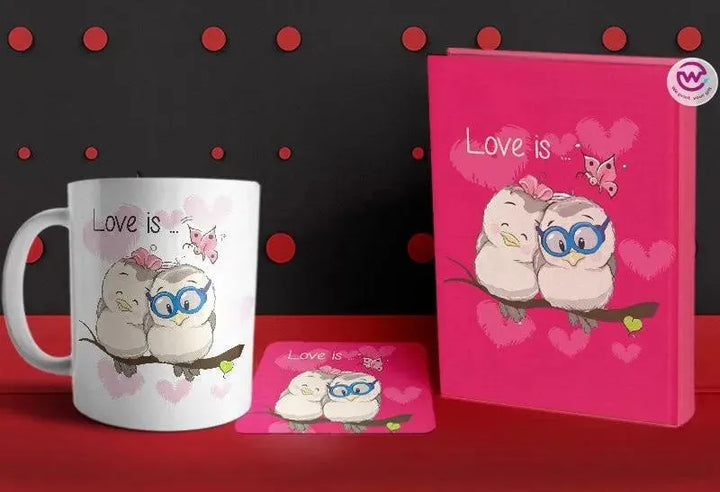 Set- ( Notebook hard covers + Ordinary ceramic mug + Coaster 6 ml ) -Valentine's Day - WE PRINT