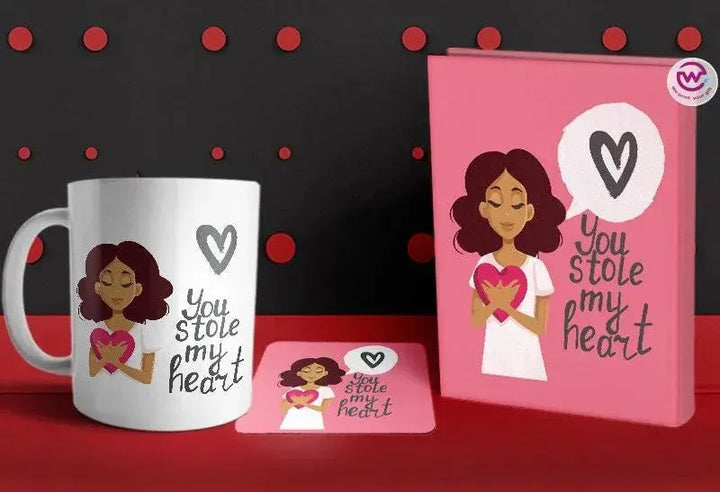 Set- ( Notebook hard covers + Ordinary ceramic mug + Coaster 6 ml ) -Valentine's Day - WE PRINT