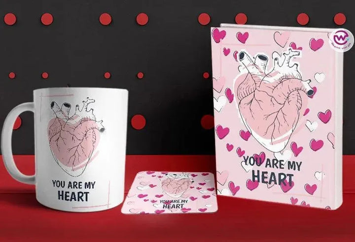 Set- ( Notebook hard covers + Ordinary ceramic mug + Coaster 6 ml ) -Valentine's Day - WE PRINT