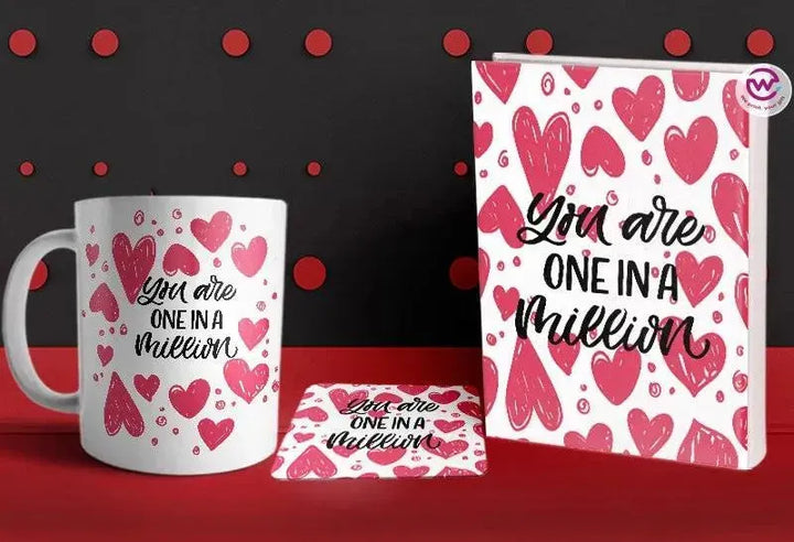 Set- ( Notebook hard covers + Ordinary ceramic mug + Coaster 6 ml ) -Valentine's Day - WE PRINT