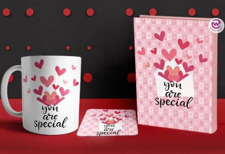 Set- ( Notebook hard covers + Ordinary ceramic mug + Coaster 6 ml ) -Valentine's Day - WE PRINT