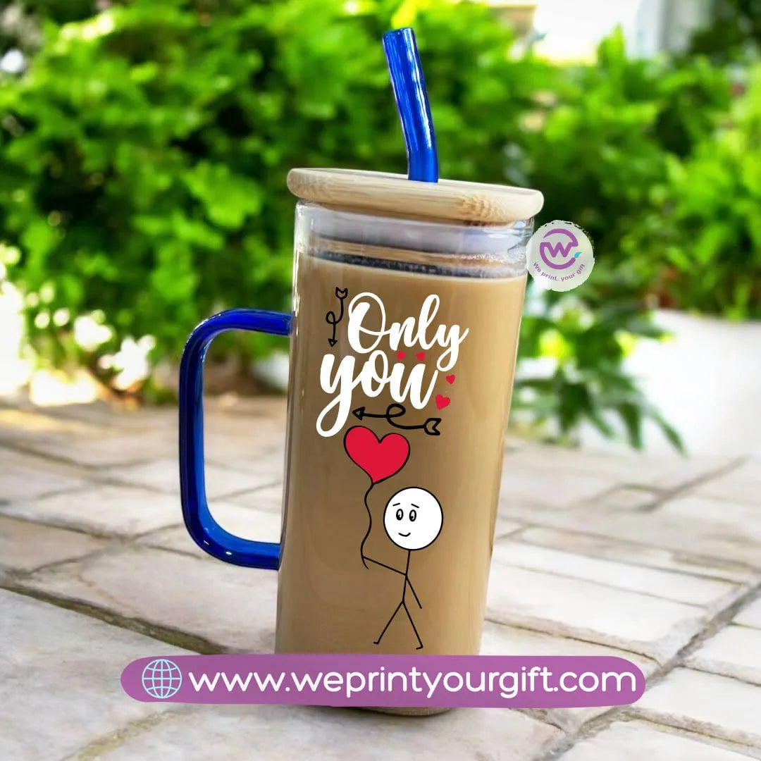 Square Glass Mug with Straw- Valentine’s Day designs - WE PRINT