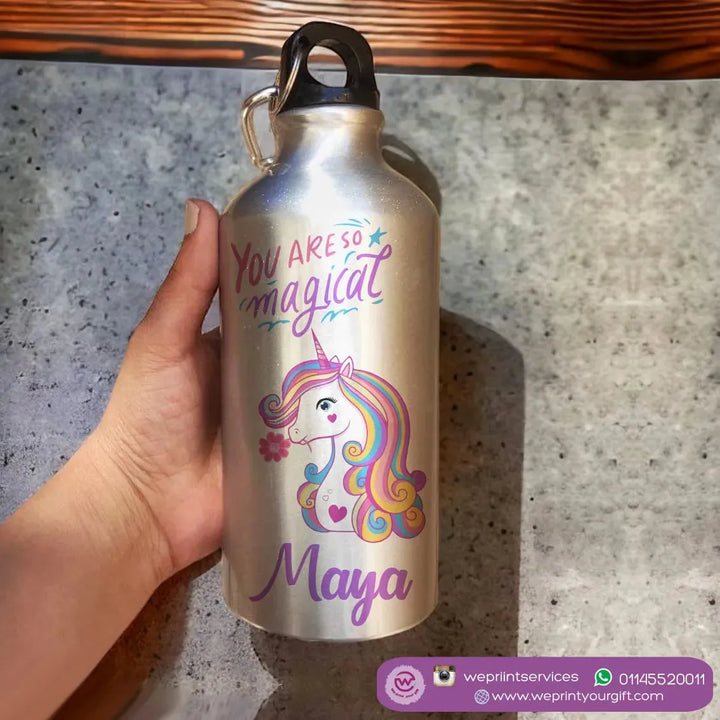 Water Bottle flask -Aluminum -Silver unicorn - WE PRINT