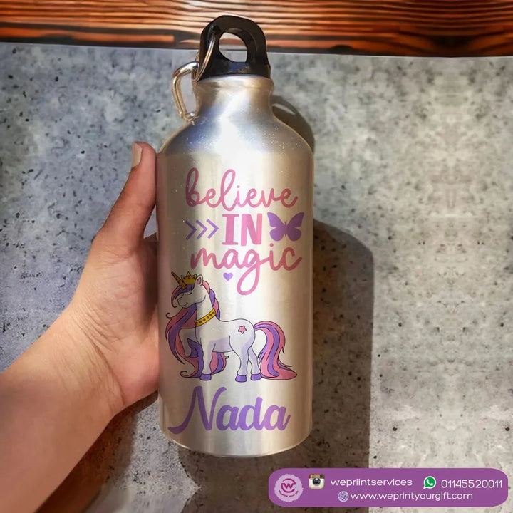 Water Bottle flask -Aluminum -Silver unicorn - WE PRINT