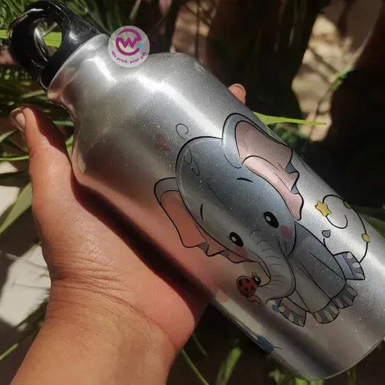 Water Bottle flask -Silver-Aluminum -Elephant - WE PRINT