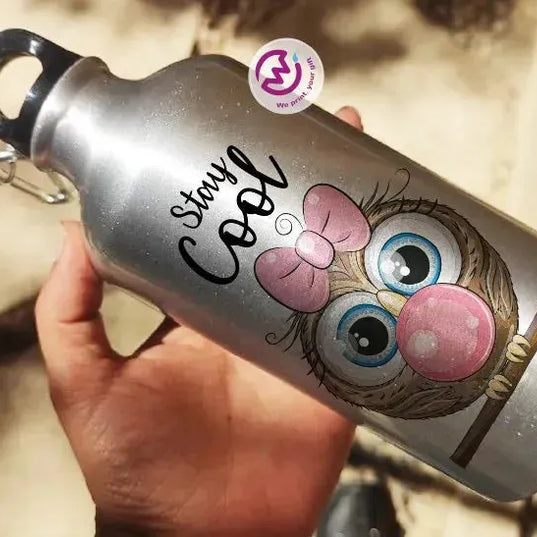 Water Bottle flask -Silver-Aluminum -Owl - WE PRINT