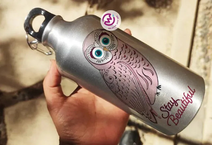 Water Bottle flask -Silver-Aluminum -Owl - WE PRINT